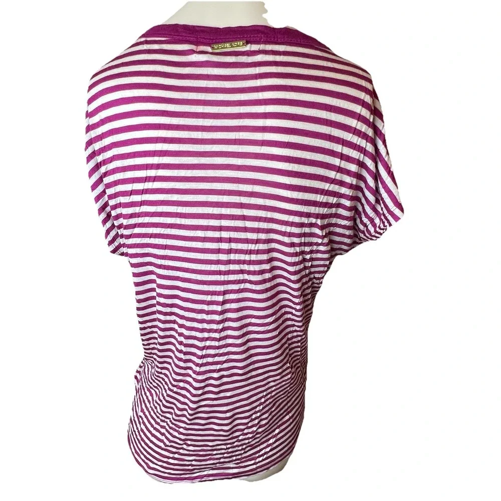 Michael by Michael Kors Purple White Striped Sequin Front Short Sleeve Top Med